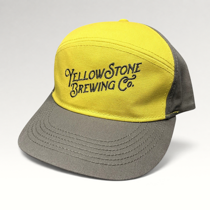 Raree Finds Yellowstone Brewing Co. two-tone yellow and gray cotton strapback hat with embroidered script logo