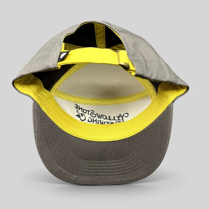 Raree Finds Yellowstone Brewing Co two-tone yellow and gray cotton strapback hat with brass buckle and curved brim