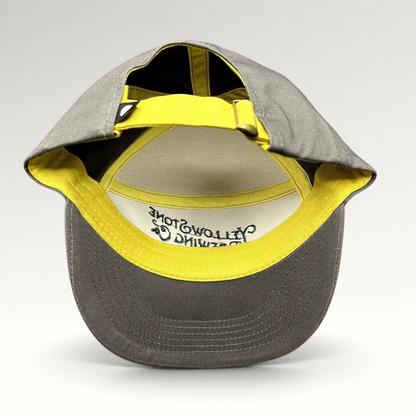 Raree Finds Yellowstone Brewing Co two-tone yellow and gray cotton strapback hat with brass buckle and curved brim