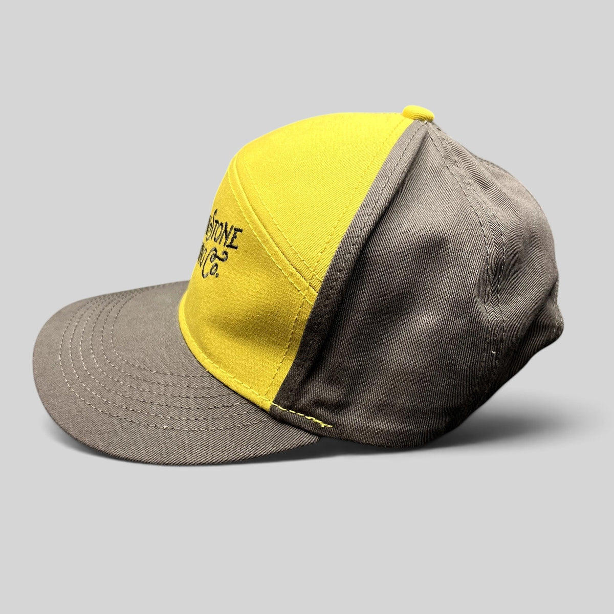 Raree Finds Yellowstone Brewing Co two-tone yellow and gray cotton strapback hat with embroidered logo and curved brim
