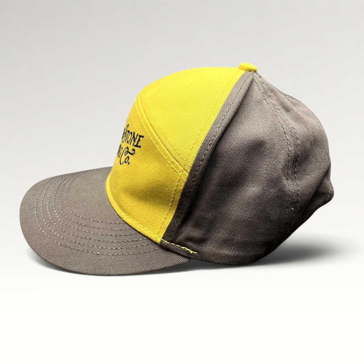 Raree Finds Yellowstone Brewing Co two-tone yellow and gray cotton strapback hat with embroidered logo and curved brim