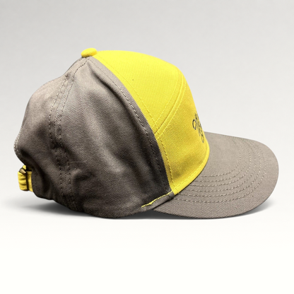 Raree Finds Yellowstone Brewing Co two-tone yellow and gray cotton strapback hat with curved brim and brass buckle