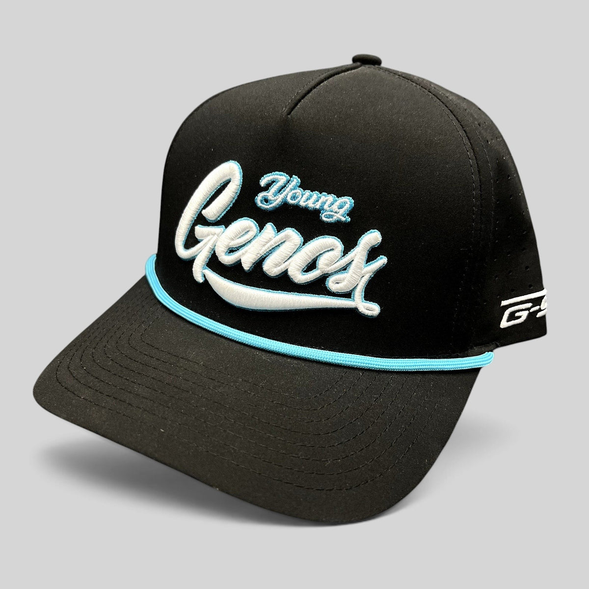 Raree Finds black snapback hat with Young Genos white and teal raised embroidery and a teal rope accent