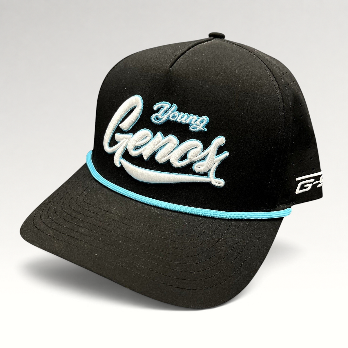 Raree Finds black snapback hat with Young Genos white and teal raised embroidery and a teal rope accent