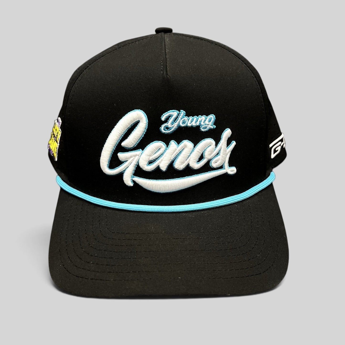 Raree Finds black Young Genos snapback hat with white and teal raised embroidery and a teal rope accent on the brim.