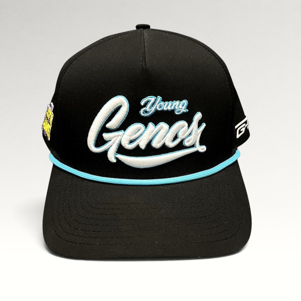 Raree Finds black Young Genos snapback hat with white and teal raised embroidery and a teal rope accent on the brim.