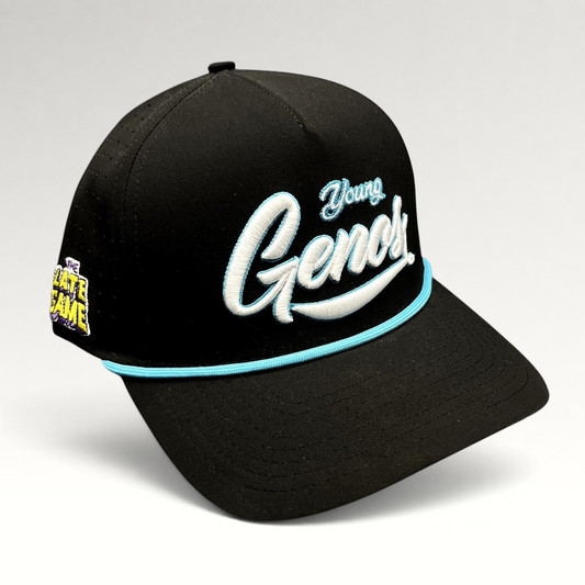 Raree Finds black snapback hat featuring Young Genos white and teal embroidery with a teal rope accent.