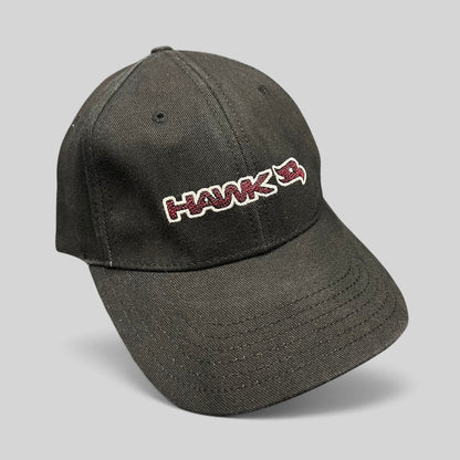 Raree Finds youth fitted black skate hat featuring an embroidered HAWK wordmark and bird logo in red and white.