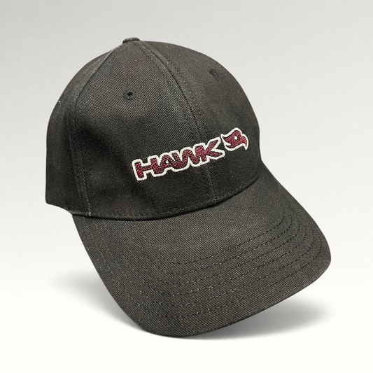 Raree Finds youth fitted black skate hat featuring an embroidered HAWK wordmark and bird logo in red and white.