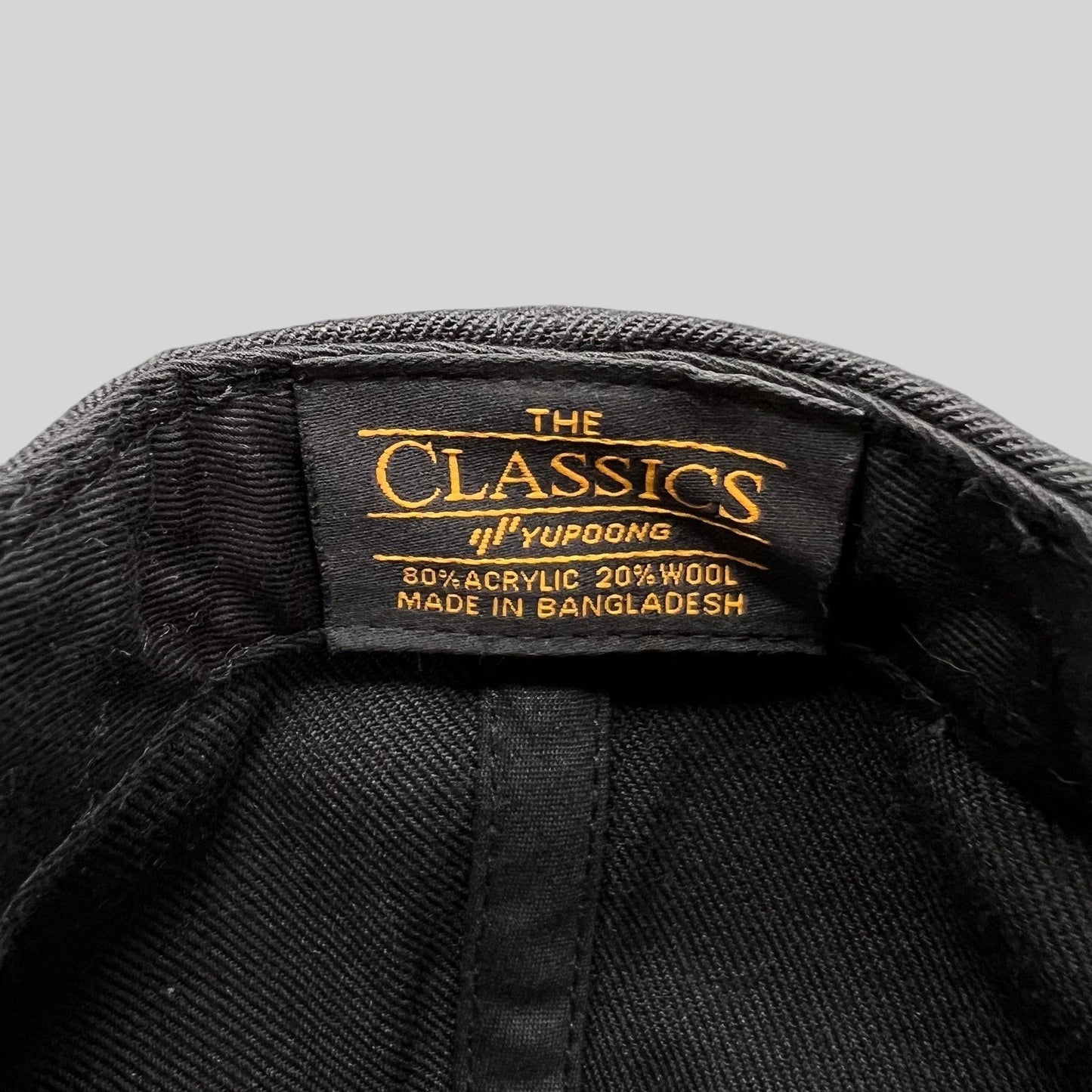 Raree Finds Yupoong The Classics black wool-blend snapback hat interior label showing material composition
