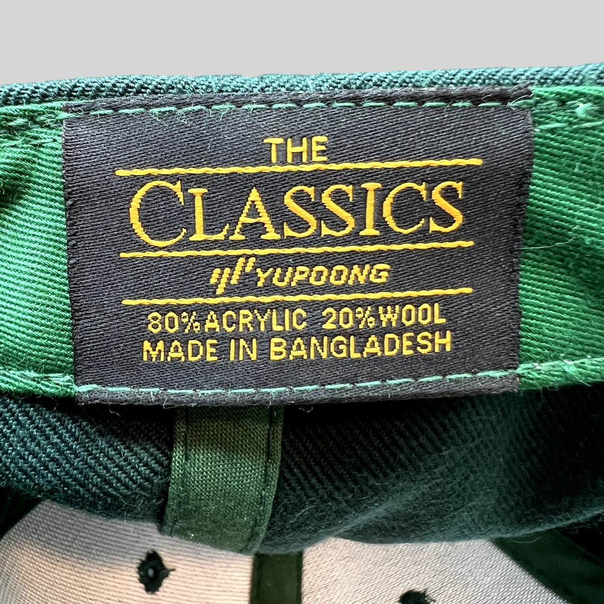 Raree Finds Penny Pound Ice snapback hat interior label showing Yupoong Classics branding on dark green fabric