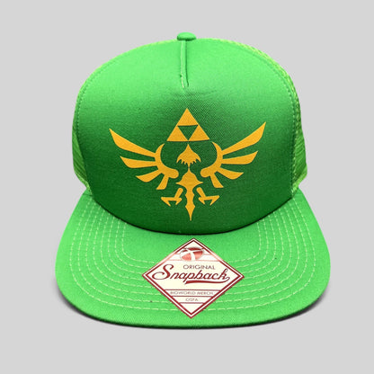 Raree Finds Legend of Zelda Skyward Sword green trucker snapback hat with gold Hylian Crest and Triforce graphic