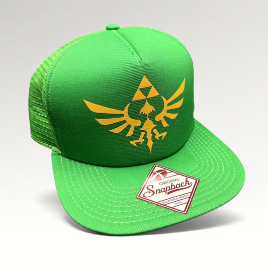 Raree Finds Legend of Zelda Skyward Sword green trucker snapback hat with gold Hylian Crest and original hang tag