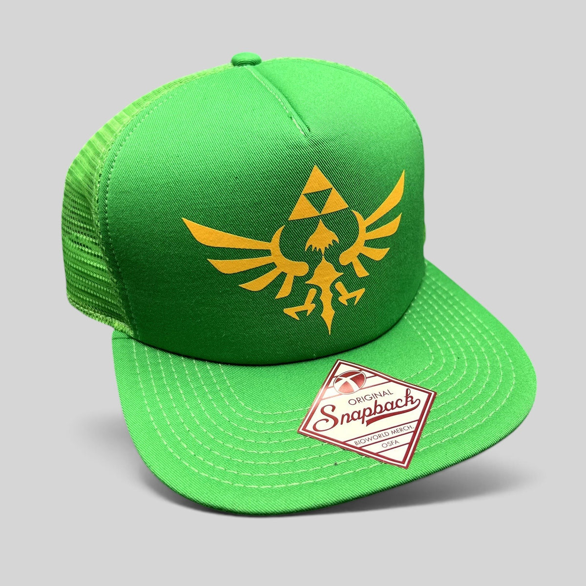 Raree Finds Legend of Zelda Skyward Sword green trucker snapback hat with gold Hylian Crest and original hang tag