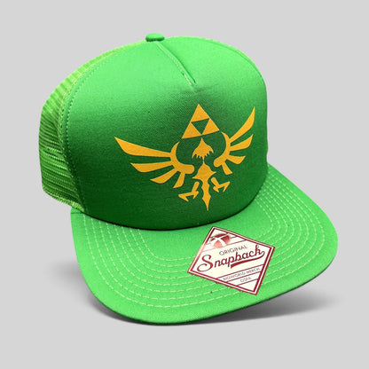 Raree Finds Legend of Zelda Skyward Sword green trucker snapback hat with gold Hylian Crest and original hang tag