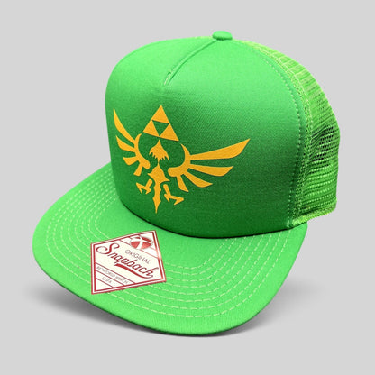 Raree Finds Legend of Zelda Skyward Sword green trucker snapback hat with gold Hylian Crest and original hang tag