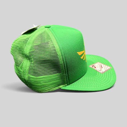 Raree Finds green Legend of Zelda Skyward Sword trucker hat with gold Hylian Crest and mesh back, side view