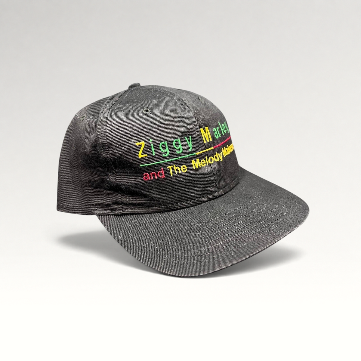 Raree Finds vintage 1995 Ziggy Marley and The Melody Makers black cotton snapback hat with Rasta color embroidery.