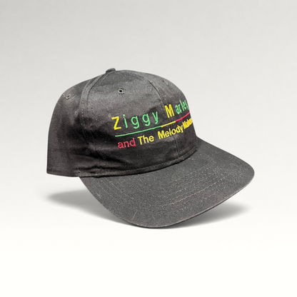 Raree Finds vintage 1995 Ziggy Marley and The Melody Makers black cotton snapback hat with Rasta color embroidery.
