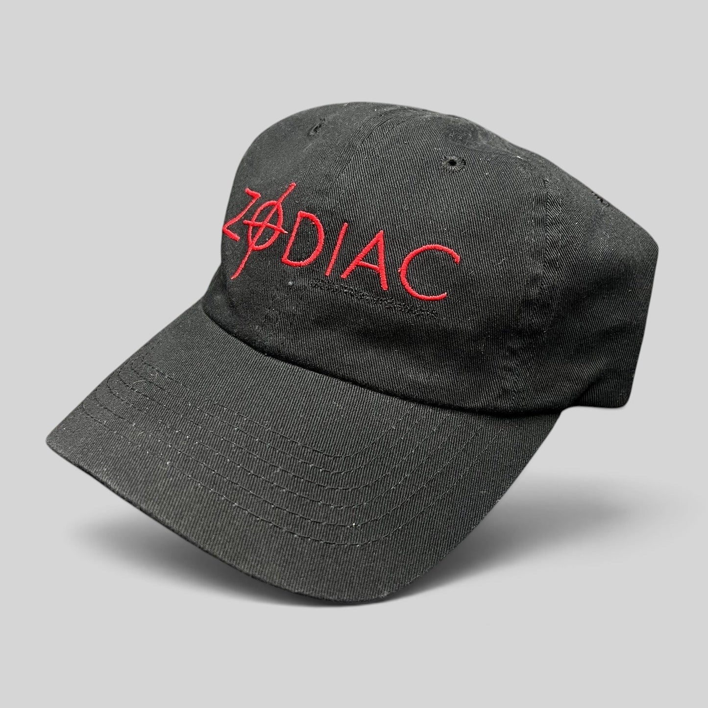 Raree Finds black cotton strapback hat with red embroidered Zodiac movie logo and crosshair detail from 2007.