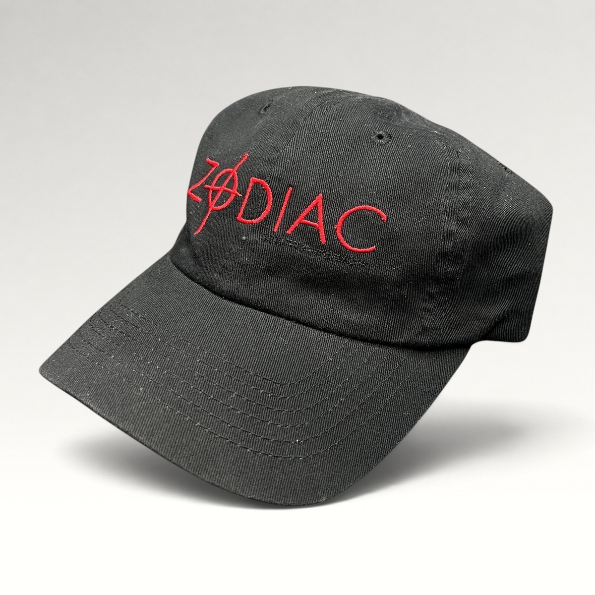 Raree Finds black cotton strapback hat with red embroidered Zodiac movie logo and crosshair detail from 2007.