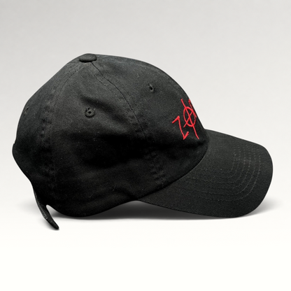 Raree Finds black cotton strapback hat with red embroidered Zodiac movie logo and curved brim, side profile view.