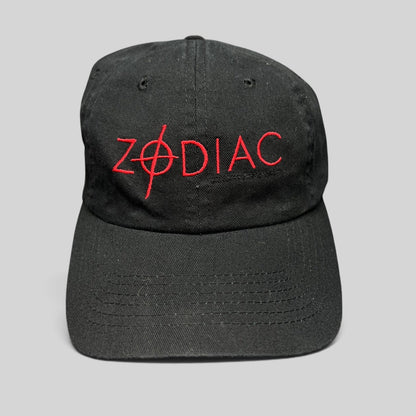 Raree Finds black cotton strapback hat featuring a red embroidered Zodiac movie logo with a crosshair symbol