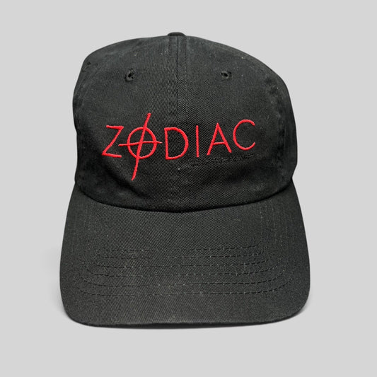 Raree Finds black cotton strapback hat featuring a red embroidered Zodiac movie logo with a crosshair symbol