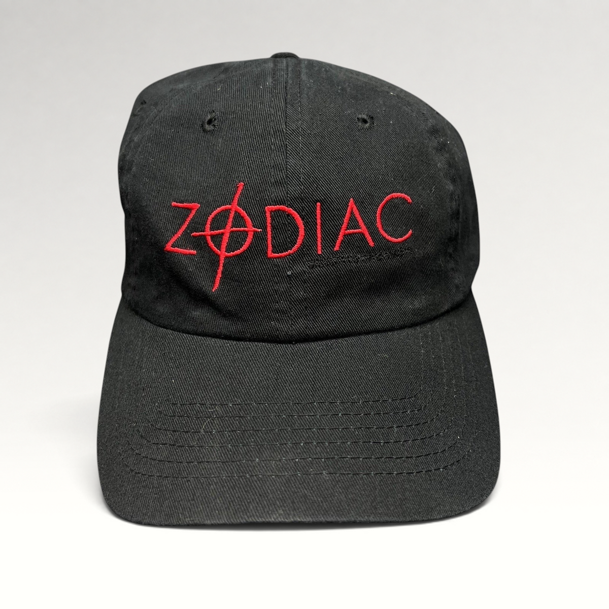 Raree Finds black cotton strapback hat featuring a red embroidered Zodiac movie logo with a crosshair symbol