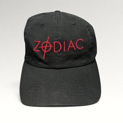 Raree Finds black cotton strapback hat featuring a red embroidered Zodiac movie logo with a crosshair symbol