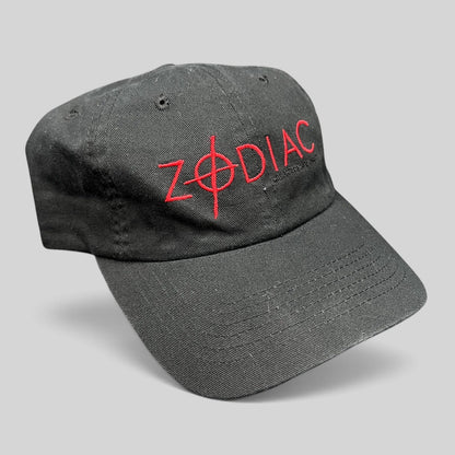 Raree Finds black cotton strapback hat featuring red embroidered ZODIAC movie logo with crosshair detail