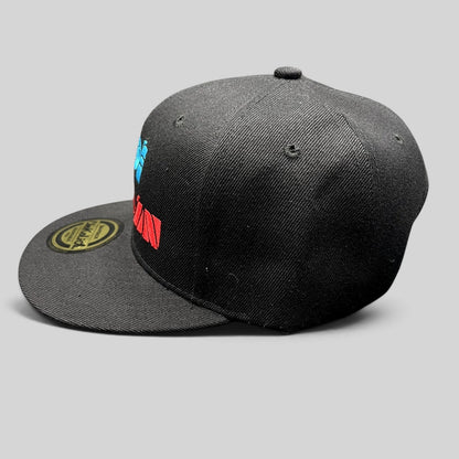 Raree Finds black Chokolids snapback hat featuring embroidered turquoise and red Zoe Aztlan album graphics
