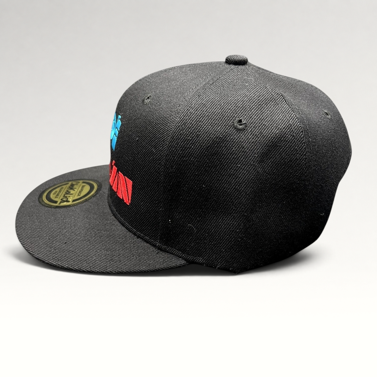 Raree Finds black Chokolids snapback hat featuring embroidered turquoise and red Zoe Aztlan album graphics