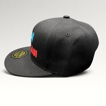 Raree Finds black Chokolids snapback hat featuring embroidered turquoise and red Zoe Aztlan album graphics