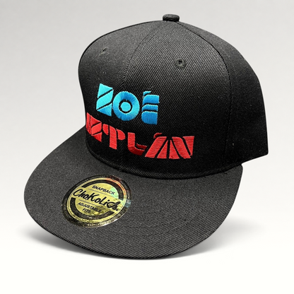 Raree Finds black Chokolids snapback hat featuring embroidered turquoise and red Zoe Aztlan album graphics on front