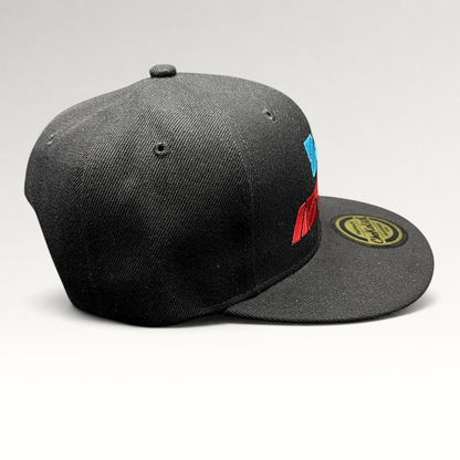 Raree Finds black Chokolids snapback hat featuring embroidered Zoe Aztlan album graphics in turquoise and red