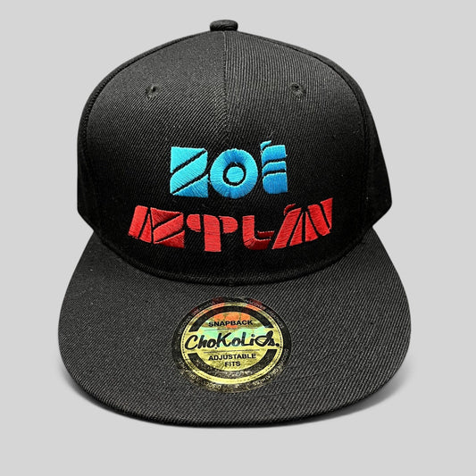 Raree Finds black Chokolids snapback hat featuring embroidered turquoise and red Zoe Aztlan album logo on front